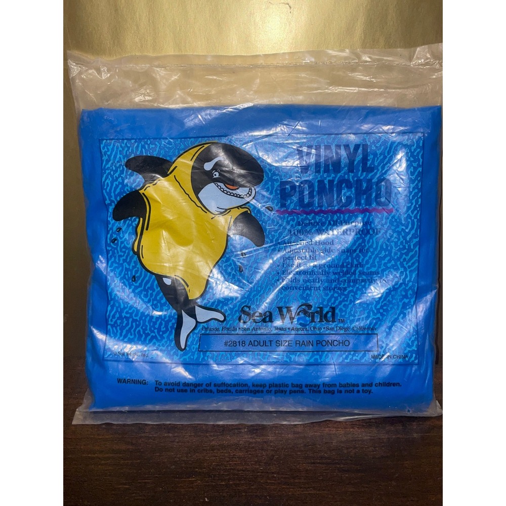 Sea World Adult Size Vinyl Hood Rain Poncho Blue‎ New